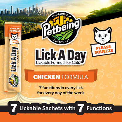 Lick a Day | Chicken Flavor | Specially Formulated 7-in-1 Functions Daily Real Meat Lickable Cat Treats | Tasty Cat Puree Squeeze ups for Cats & Pet Vitamins Combination (Pack of 28 Sachets)