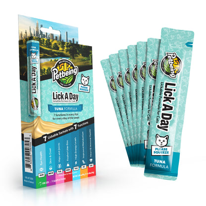 Lick a Day | Tuna Flavor | Specially Formulated 7-in-1 Functions Daily Real Meat Lickable Cat Treats | Tasty Cat Puree Squeeze ups for Cats & Pet Vitamins Combination (Pack of 28 Sachets)
