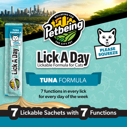 Lick a Day | Tuna Flavor | Specially Formulated 7-in-1 Functions Daily Real Meat Lickable Cat Treats | Tasty Cat Puree Squeeze ups for Cats & Pet Vitamins Combination (Pack of 28 Sachets)