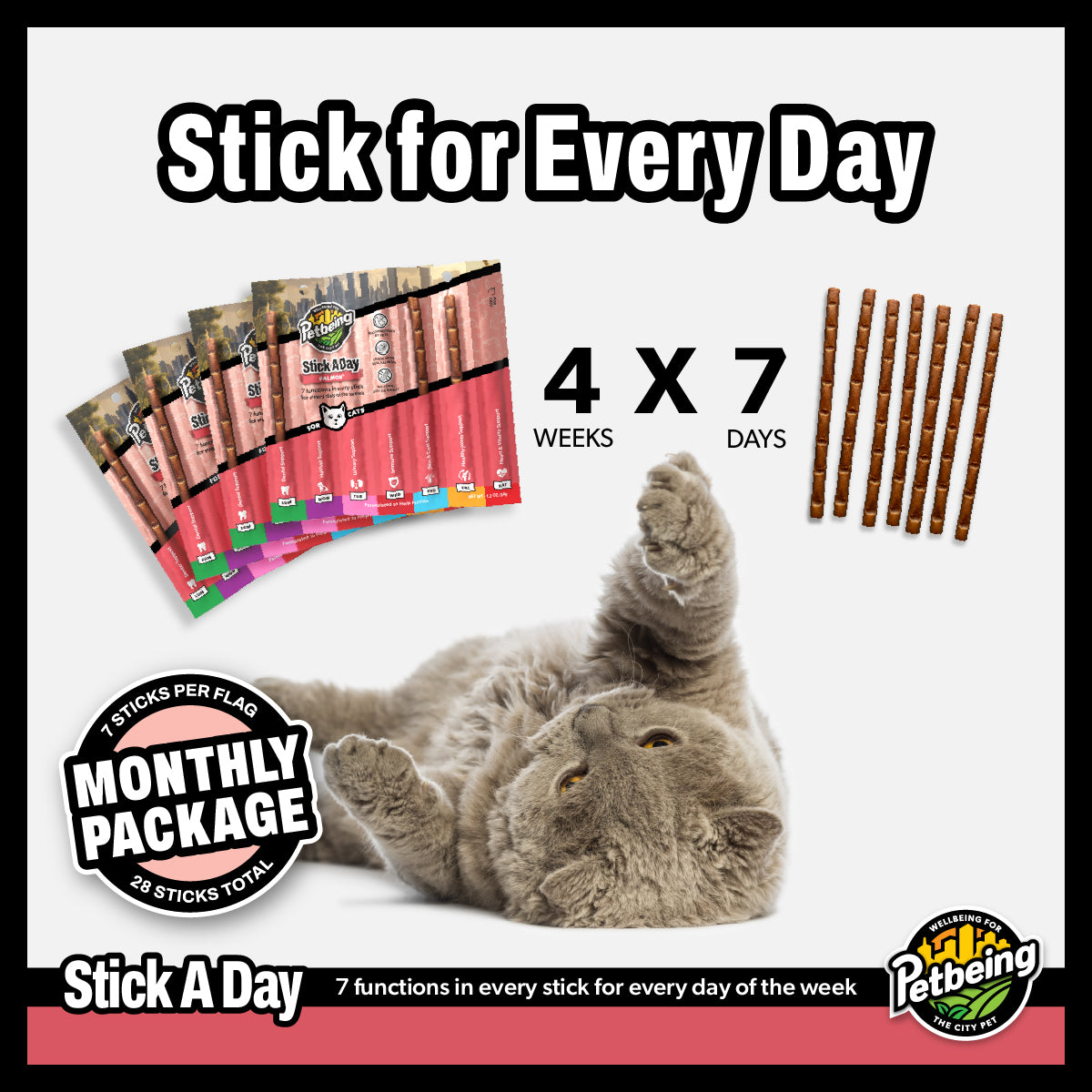 Stick a Day | Salmon Flavor | Specially Formulated 7-in-1 Functions Daily Real Meat Snacks for Cats | Tasty Cat Treat & Pet Vitamins & Supplements Combination (Pack of 28 Sticks)