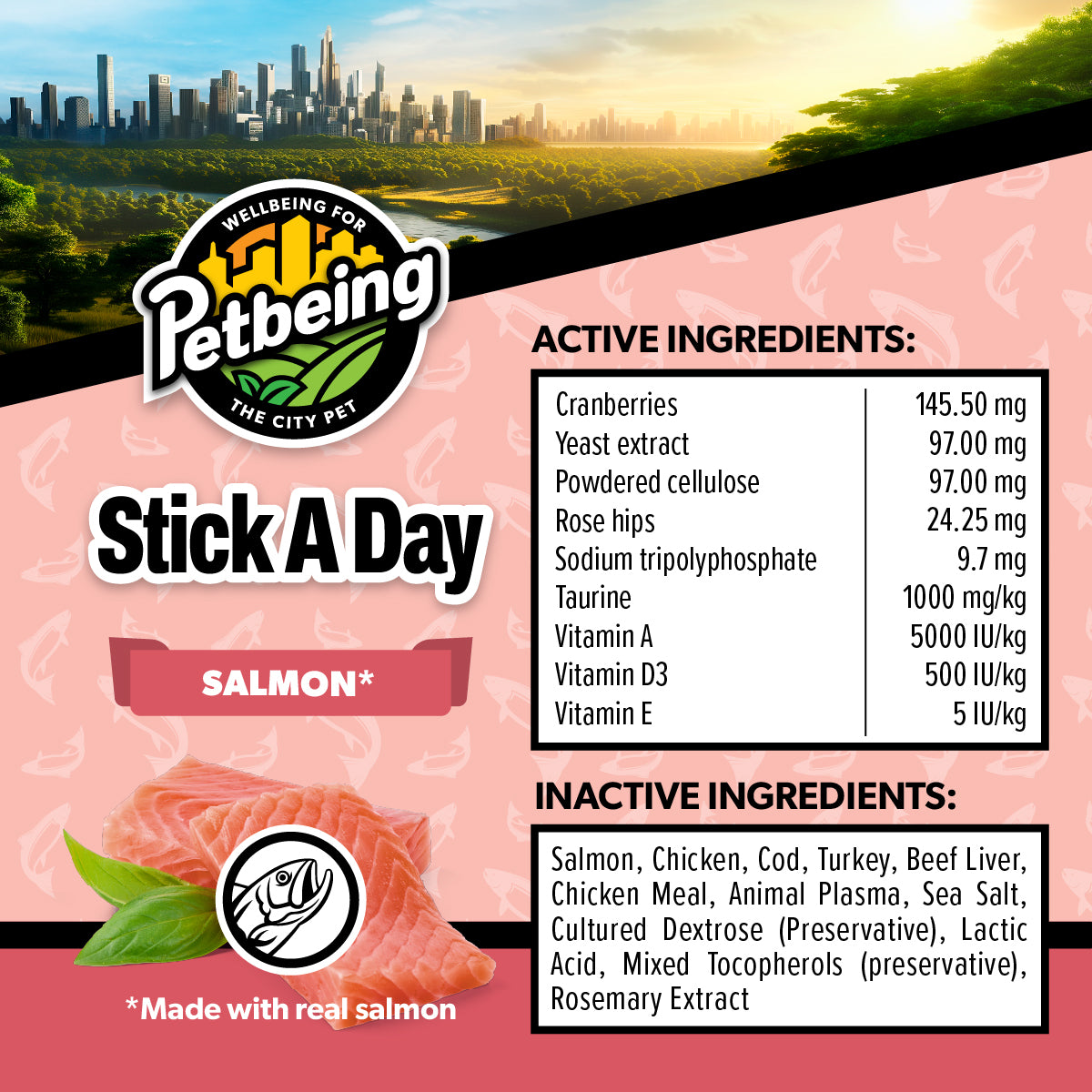 Stick a Day | Salmon Flavor | Specially Formulated 7-in-1 Functions Daily Real Meat Snacks for Cats | Tasty Cat Treat & Pet Vitamins & Supplements Combination (Pack of 28 Sticks)