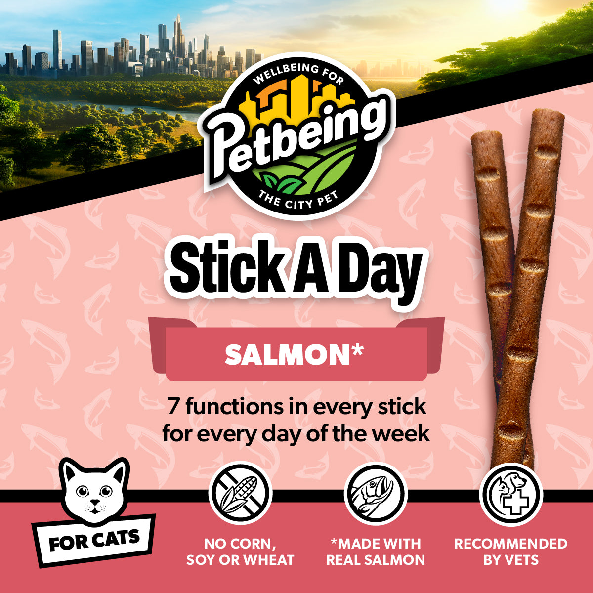 Stick a Day | Salmon Flavor | Specially Formulated 7-in-1 Functions Daily Real Meat Snacks for Cats | Tasty Cat Treat & Pet Vitamins & Supplements Combination (Pack of 28 Sticks)