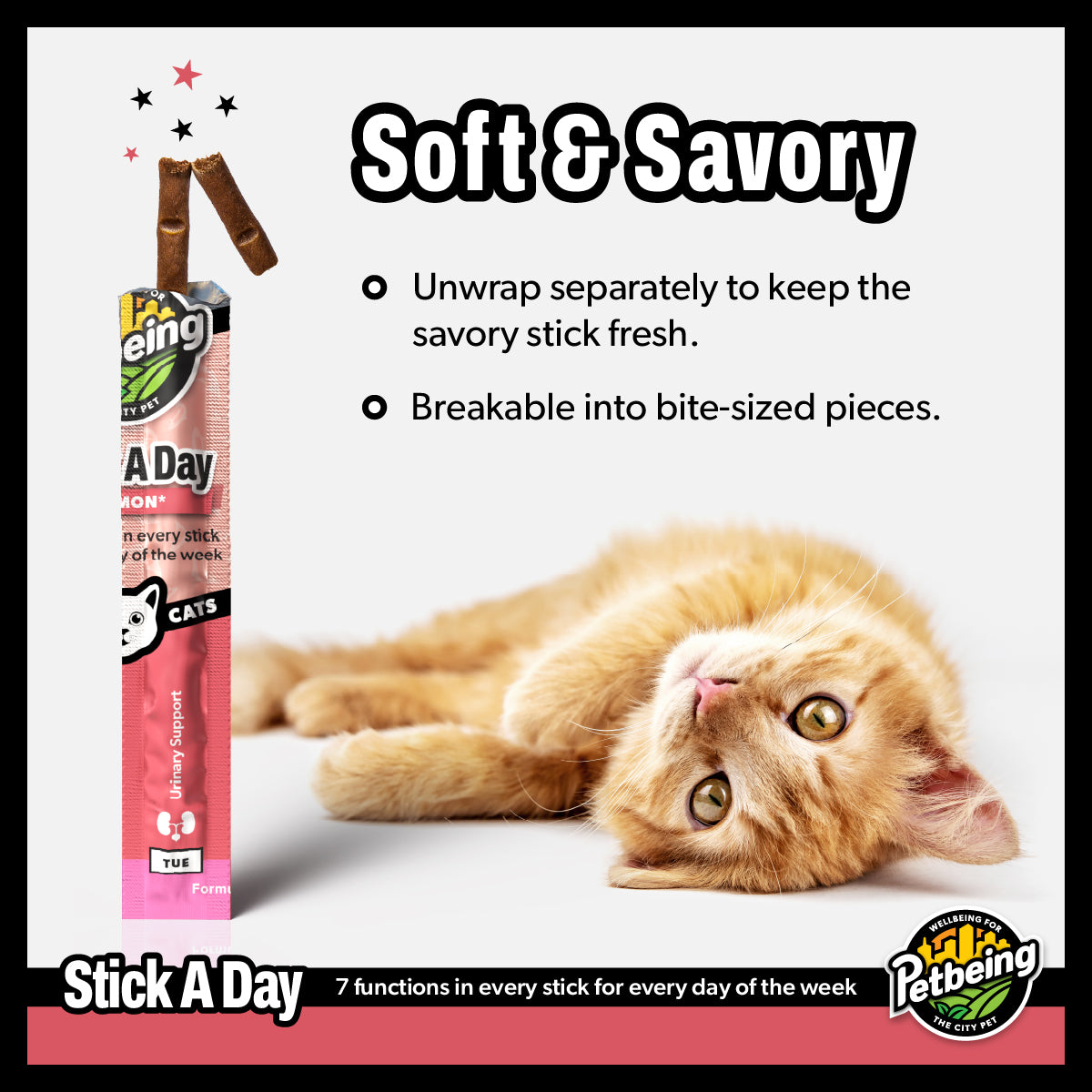 Stick a Day | Salmon Flavor | Specially Formulated 7-in-1 Functions Daily Real Meat Snacks for Cats | Tasty Cat Treat & Pet Vitamins & Supplements Combination (Pack of 28 Sticks)