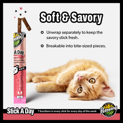Stick a Day | Salmon Flavor | Specially Formulated 7-in-1 Functions Daily Real Meat Snacks for Cats | Tasty Cat Treat & Pet Vitamins & Supplements Combination (Pack of 28 Sticks)