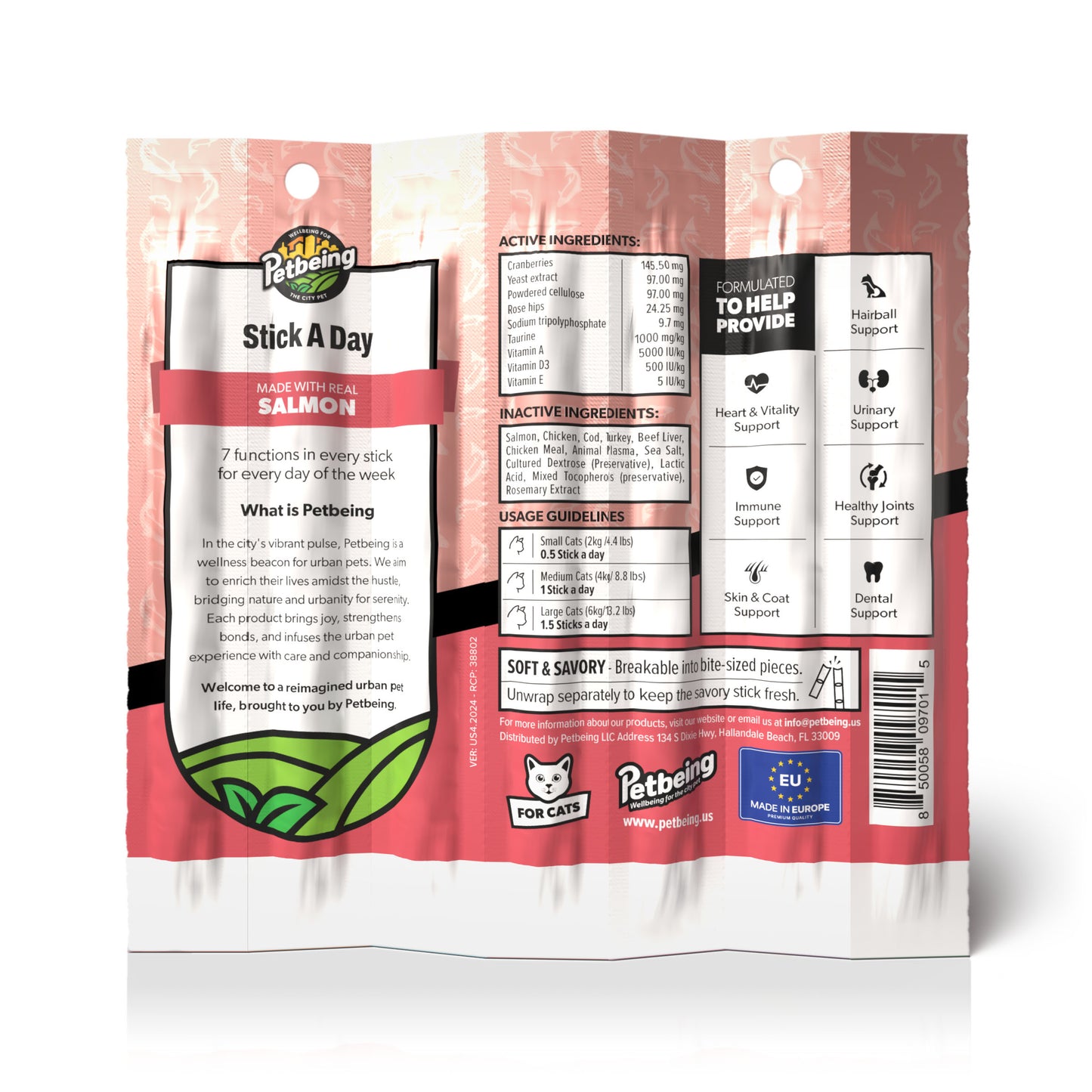 Stick a Day | Salmon Flavor | Specially Formulated 7-in-1 Functions Daily Real Meat Snacks for Cats | Tasty Cat Treat & Pet Vitamins & Supplements Combination (Pack of 28 Sticks)