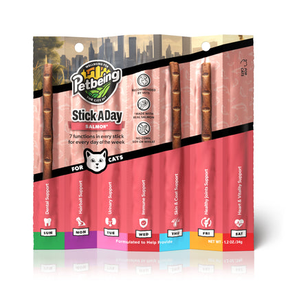 Stick a Day | Salmon Flavor | Specially Formulated 7-in-1 Functions Daily Real Meat Snacks for Cats | Tasty Cat Treat & Pet Vitamins & Supplements Combination (Pack of 28 Sticks)